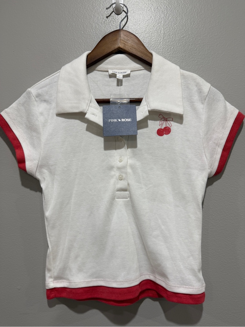 Pink Rose White Polo Top with Red Trim and Cherry Size L